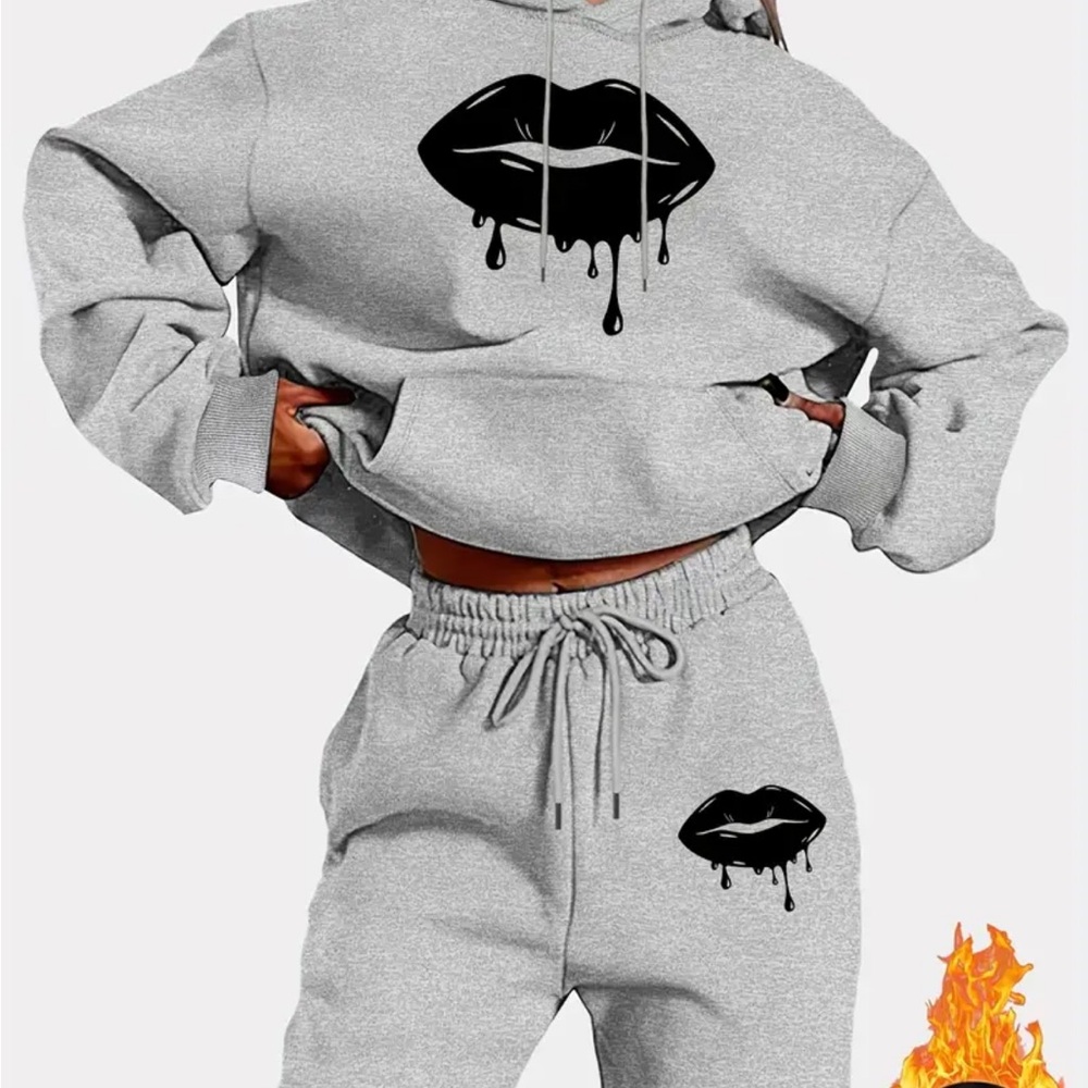 Gray Hoodie and Sweatpants Set with Black Lip Design